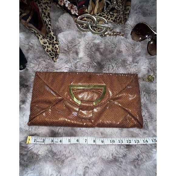 Big Buddha Faux Snakeskin Brown Clutch Oversized Gold Ornament/buckle, Purse - Picture 9 of 14